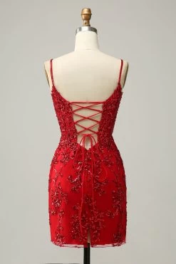 Schede Spaghetti Bandjes Zwarte Pailletten Korte Homecoming Jurk Met Criss Cross Back -Jurken Korting Winkel YYZL628Red 2