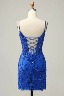 Schede Spaghetti Bandjes Zwarte Pailletten Korte Homecoming Jurk Met Criss Cross Back -Jurken Korting Winkel YYZL628RoyalBlue 2