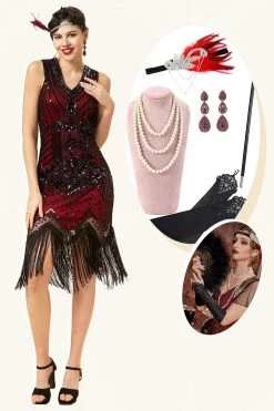Rode En Zwarte Pailletten Franjes 1920s Gatsby Jurk Met 20s Accessoires Set