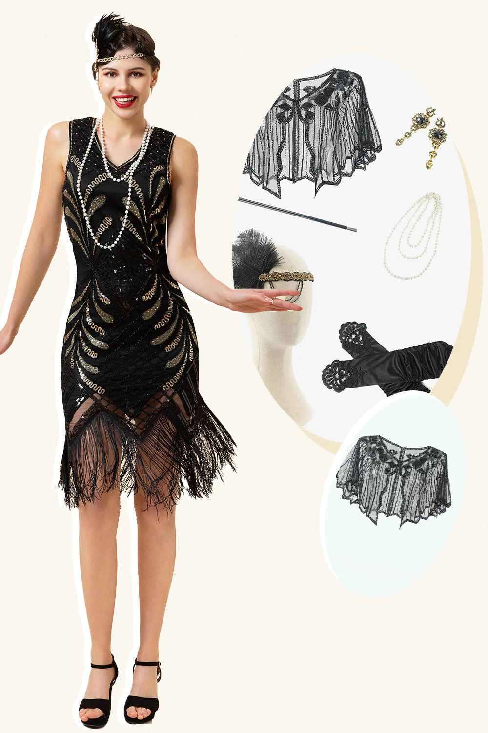 Zwarte Pailletten Fringes 1920s Flapper Jurk Met 20s Accessoires Set 3 Zwarte Pailletten Fringes 1920s Flapper Jurk Met 20s Accessoires Set