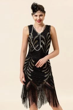 Zwarte Pailletten Fringes 1920s Flapper Jurk Met 20s Accessoires Set 13 Zwarte Pailletten Fringes 1920s Flapper Jurk Met 20s Accessoires Set -Jurken Korting Winkel YYZLHB230008 2
