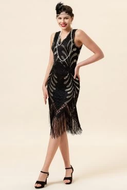 Zwarte Pailletten Fringes 1920s Flapper Jurk Met 20s Accessoires Set 12 Zwarte Pailletten Fringes 1920s Flapper Jurk Met 20s Accessoires Set -Jurken Korting Winkel YYZLHB230008 4