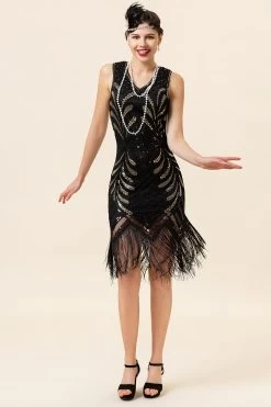 Zwarte Pailletten Fringes 1920s Flapper Jurk Met 20s Accessoires Set 9 Zwarte Pailletten Fringes 1920s Flapper Jurk Met 20s Accessoires Set -Jurken Korting Winkel YYZLHB230008 5