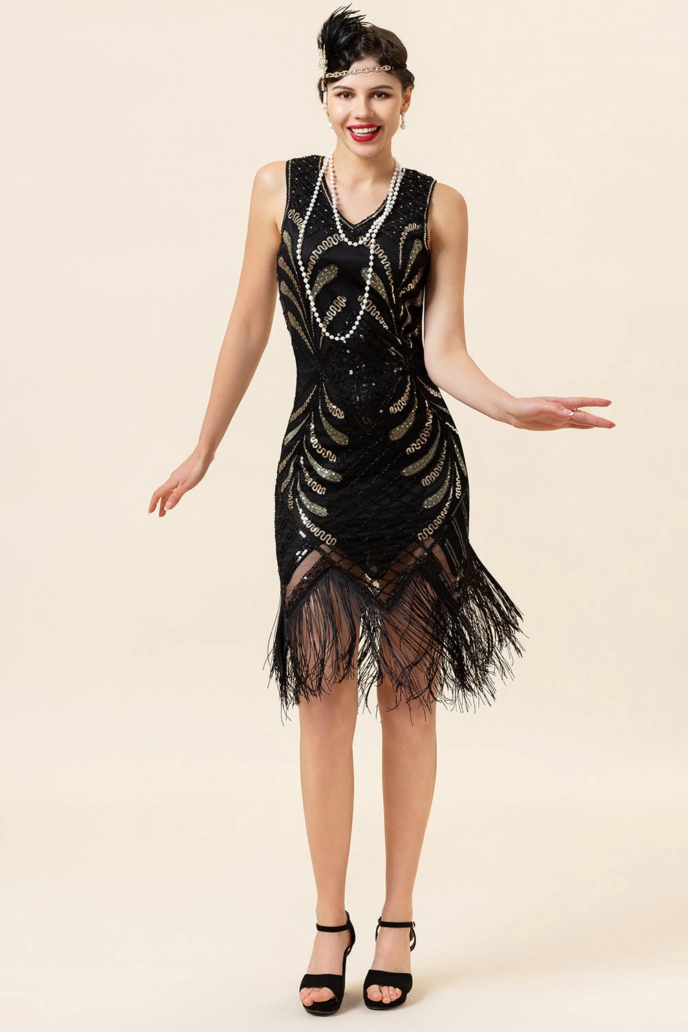 Zwarte Pailletten Fringes 1920s Flapper Jurk Met 20s Accessoires Set 4 Zwarte Pailletten Fringes 1920s Flapper Jurk Met 20s Accessoires Set - Afbeelding 2
