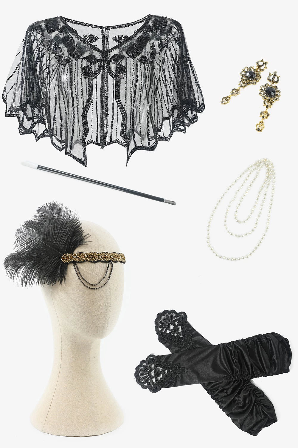 Zwarte Pailletten Fringes 1920s Flapper Jurk Met 20s Accessoires Set 6 Zwarte Pailletten Fringes 1920s Flapper Jurk Met 20s Accessoires Set - Afbeelding 4