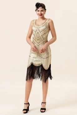 Champagne Pailletten Franjes 1920s Flapper Jurk Met Jaren '20 Accessoires Set -Jurken Korting Winkel YYZLHB230010 2