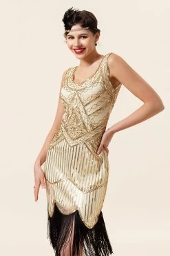 Champagne Pailletten Franjes 1920s Flapper Jurk Met Jaren '20 Accessoires Set -Jurken Korting Winkel YYZLHB230010 4