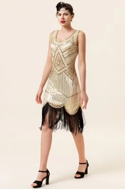 Champagne Pailletten Franjes 1920s Flapper Jurk Met Jaren '20 Accessoires Set -Jurken Korting Winkel YYZLHB230010 5