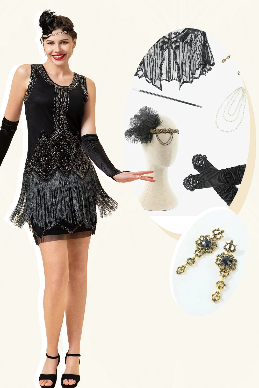 Zwarte Franjes Pailletten 1920s Flapper Jurk Met 20s Accessoires Set 3 Zwarte Franjes Pailletten 1920s Flapper Jurk Met 20s Accessoires Set