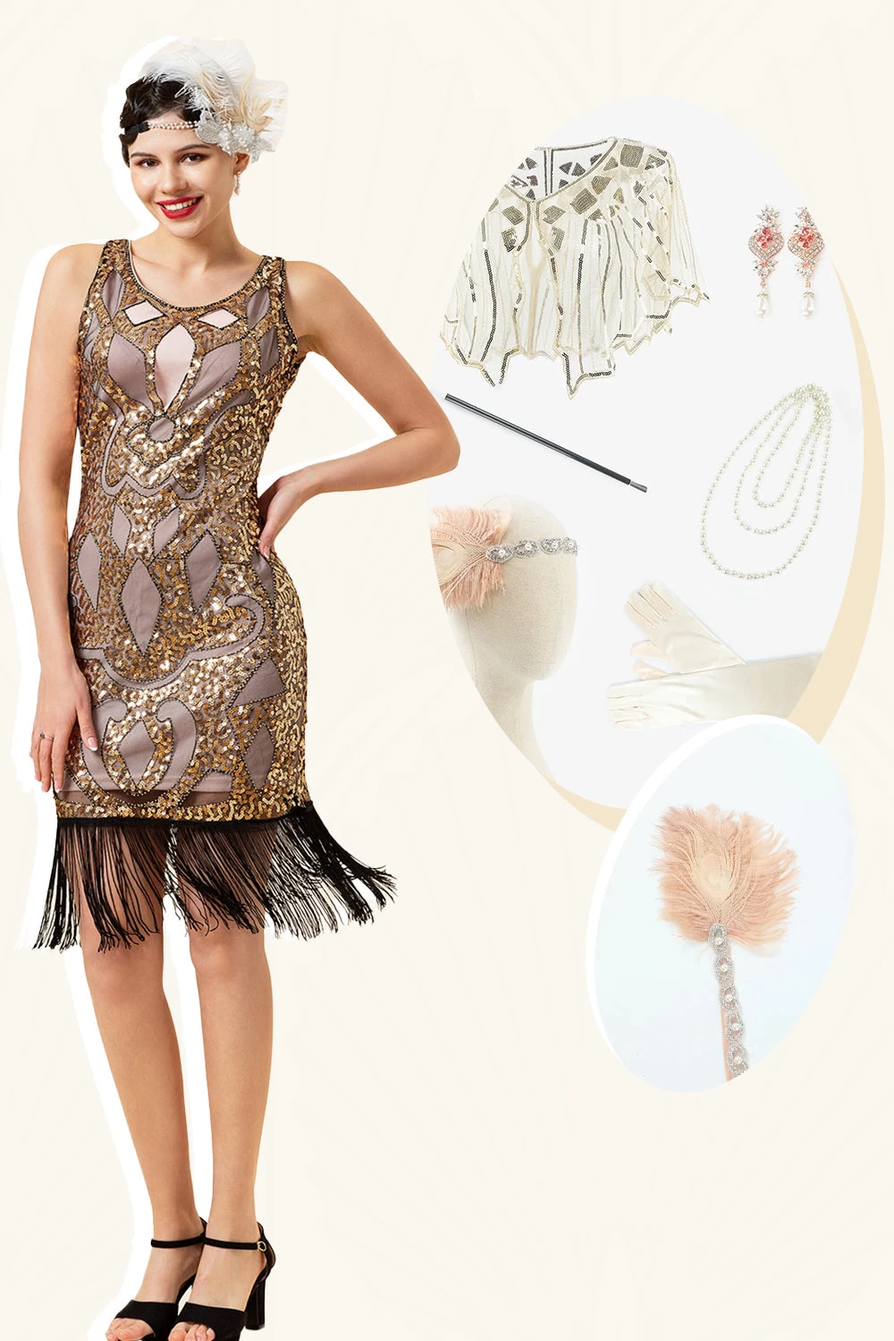 Gouden Pailletten Franjes 1920s Flapper Jurk Met 20s Accessoires Set 3 Gouden Pailletten Franjes 1920s Flapper Jurk Met 20s Accessoires Set