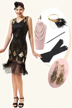 Zwarte En Gouden Pailletten Franjes 1920s Gatsby Flapper Jurk Met Jaren 20 Accessoires Set
