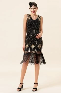Zwarte En Gouden Pailletten Franjes 1920s Gatsby Flapper Jurk Met Jaren 20 Accessoires Set -Jurken Korting Winkel YYZLHB230017 4