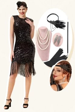 Zwarte Pailletten Franjes 1920s Gatsby Flapper Jurk Met 20s Accessoires Set