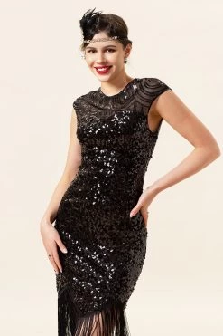 Zwarte Pailletten Franjes 1920s Gatsby Flapper Jurk Met 20s Accessoires Set -Jurken Korting Winkel YYZLHB230018 4