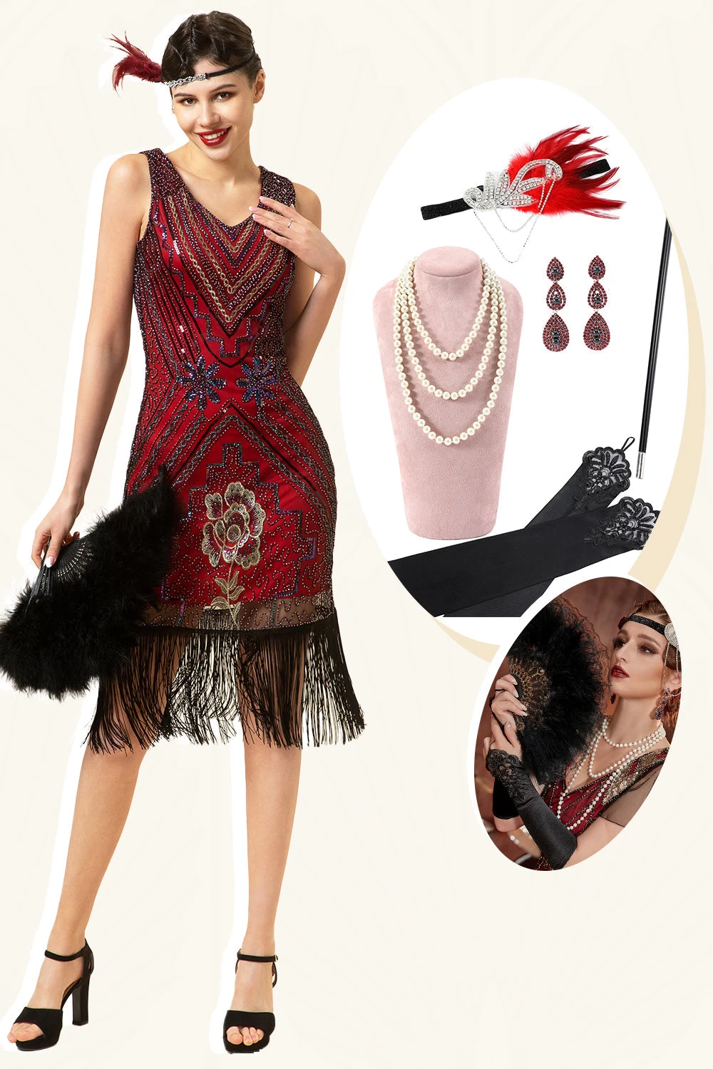 Bordeaux Pailletten Franjes 1920s Gatsby Flapper Jurk Met Jaren 20 Accessoires Set 3 Bordeaux Pailletten Franjes 1920s Gatsby Flapper Jurk Met Jaren 20 Accessoires Set