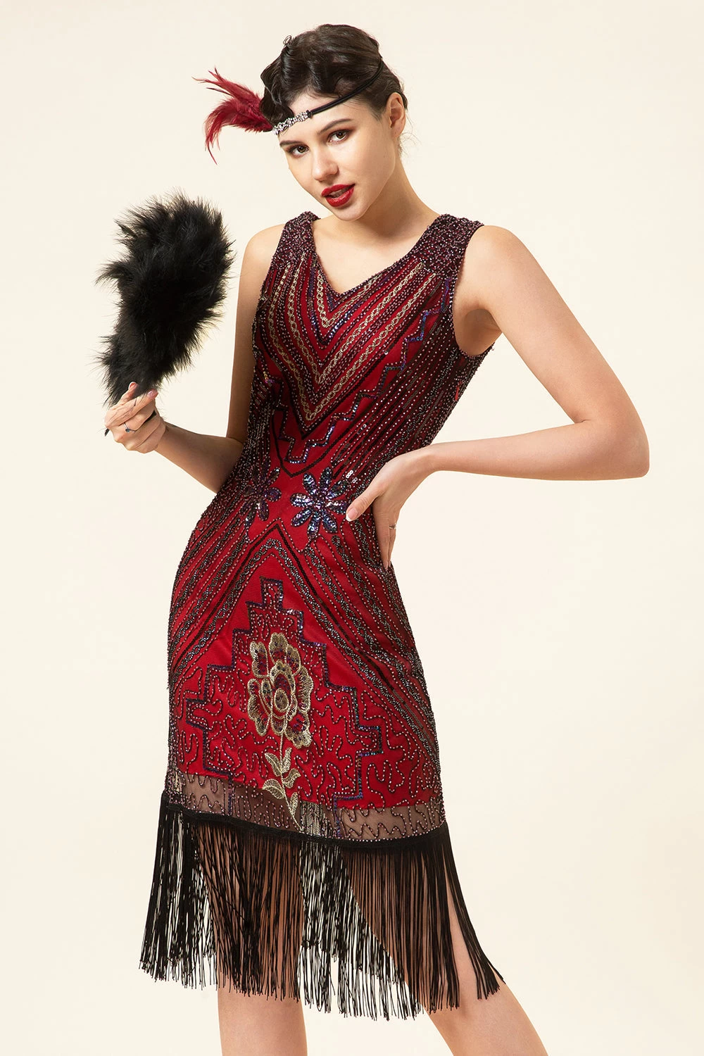 Bordeaux Pailletten Franjes 1920s Gatsby Flapper Jurk Met Jaren 20 Accessoires Set 8 Bordeaux Pailletten Franjes 1920s Gatsby Flapper Jurk Met Jaren 20 Accessoires Set - Afbeelding 6