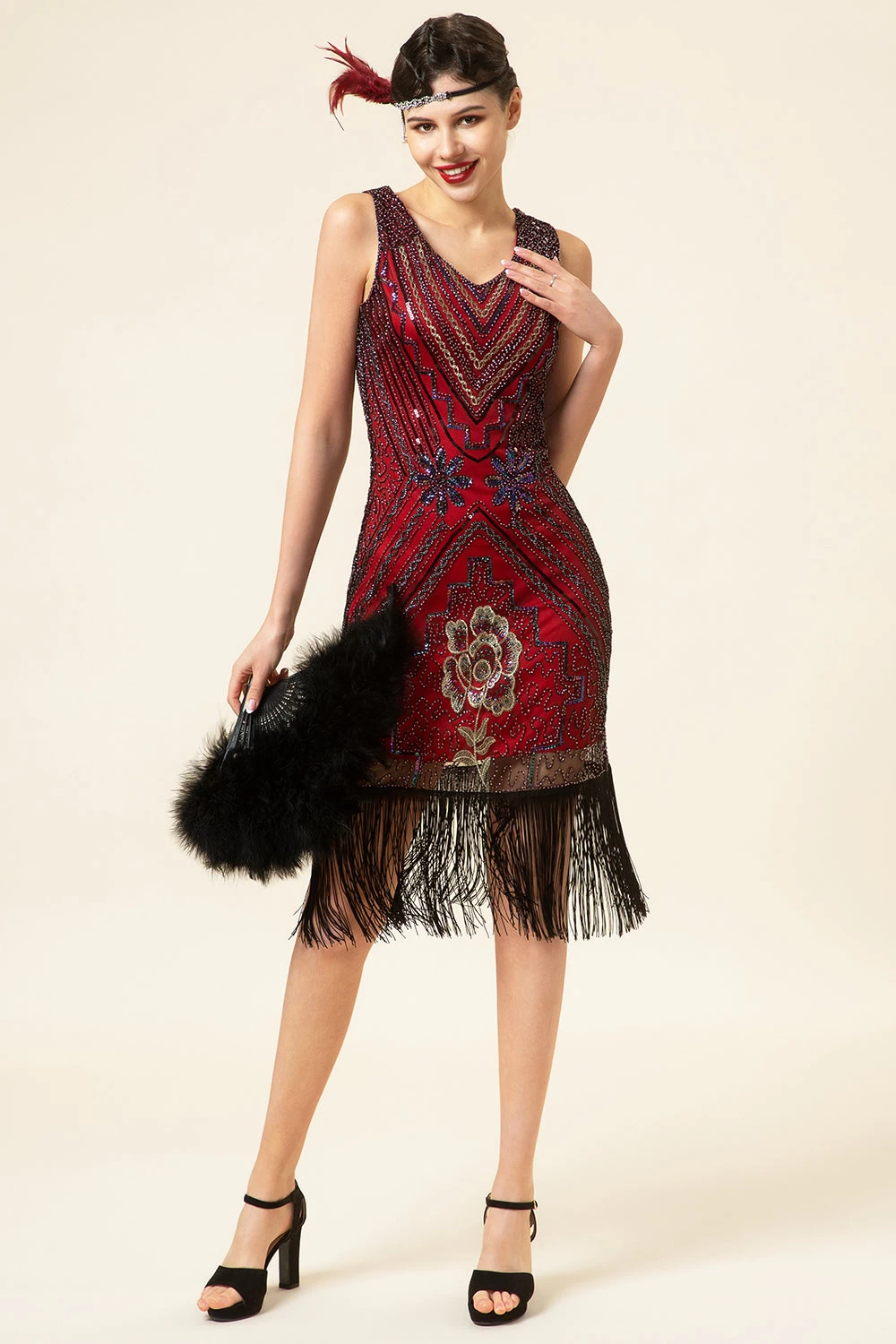 Bordeaux Pailletten Franjes 1920s Gatsby Flapper Jurk Met Jaren 20 Accessoires Set 4 Bordeaux Pailletten Franjes 1920s Gatsby Flapper Jurk Met Jaren 20 Accessoires Set - Afbeelding 2