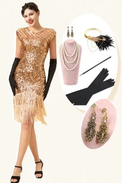 Roze Cap Mouwen Pailletten Fringes 1920s Gatsby Flapper Jurk Met 20s Accessoires Set