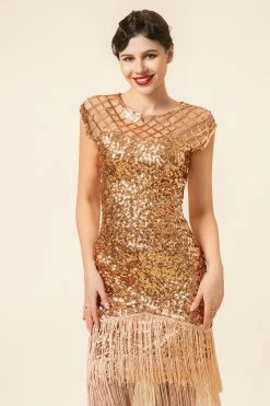 Roze Cap Mouwen Pailletten Fringes 1920s Gatsby Flapper Jurk Met 20s Accessoires Set -Jurken Korting Winkel YYZLHB230023 4