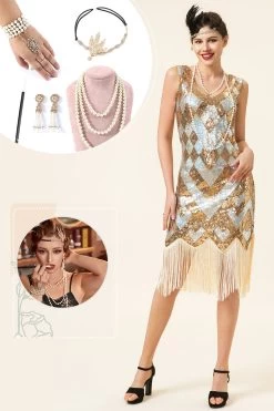 Gouden En Zilveren Pailletten Franjes 1920s Gatsby Flapper Jurk Met 20s Accessoires Set