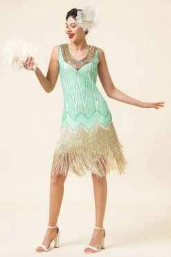 Mintgroene Pailletten Franjes 1920s Gatsby Flapper Jurk Met 20s Accessoires Set -Jurken Korting Winkel YYZLHB230031 2