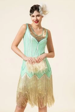 Mintgroene Pailletten Franjes 1920s Gatsby Flapper Jurk Met 20s Accessoires Set -Jurken Korting Winkel YYZLHB230031 4