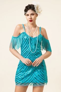 Turquoise Pailletten Franjes 1920s Gatsby Flapper Party Jurk Met Jaren 20 Accessoires Set 14 Turquoise Pailletten Franjes 1920s Gatsby Flapper Party Jurk Met Jaren 20 Accessoires Set -Jurken Korting Winkel YYZLHB230033 2