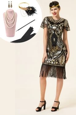 Zwarte En Gouden Cap Mouwen Pailletten Fringes 1920s Gatsby Flapper Jurk Met 20s Accessoires Set