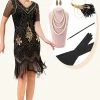 Zwarte En Gouden Korte Mouwen Pailletten Franjes 1920s Gatsby Flapper Jurk Met 20s Accessoires Set -Jurken Korting Winkel YYZLHB230043 1 first