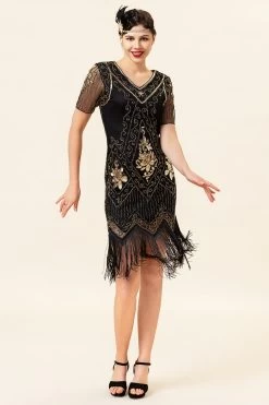 Zwarte En Gouden Korte Mouwen Pailletten Franjes 1920s Gatsby Flapper Jurk Met 20s Accessoires Set -Jurken Korting Winkel YYZLHB230043 5