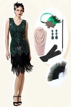Groene Gefranjerde Gatsby Jurk Met 20s Accessoires Set