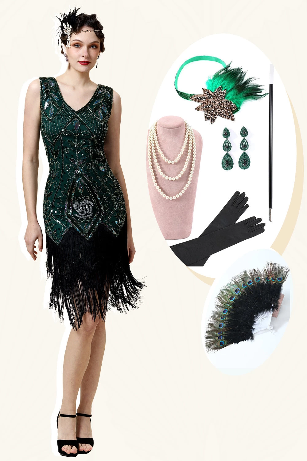 Groene Gefranjerde Gatsby Jurk Met 20s Accessoires Set 3 Groene Gefranjerde Gatsby Jurk Met 20s Accessoires Set