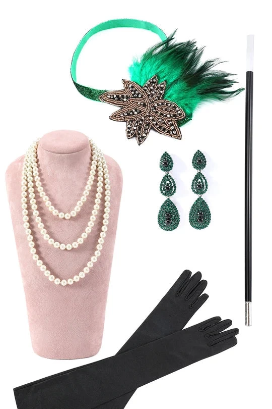 Groene Gefranjerde Gatsby Jurk Met 20s Accessoires Set 8 Groene Gefranjerde Gatsby Jurk Met 20s Accessoires Set - Afbeelding 6