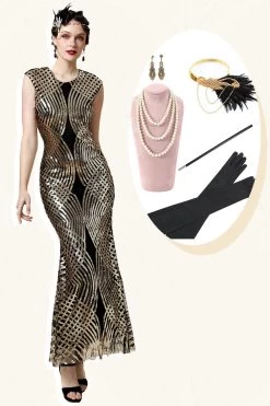 Gouden Pailletten Glitter Lange Flapper Jurk Met Jaren 20 Accessoires Set