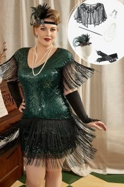 Groene Plus Size 1920s Gatsby Jurk Met 20s Acessories Set