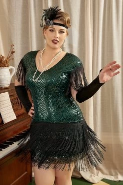 Groene Plus Size 1920s Gatsby Jurk Met 20s Acessories Set -Jurken Korting Winkel YYZLHB230086 2