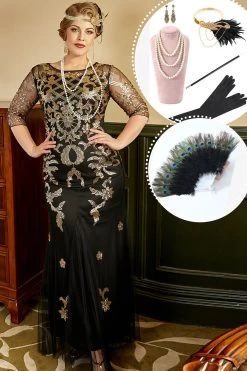 Zwarte En Gouden Plus Size 1920s Gatsby Jurk Met 20s Acessories Set