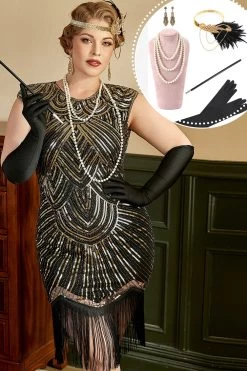 Gouden Pailletten Plus Size 1920s Gatsby Jurk Met 20s Acessories Set