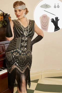 Zwarte Gouden Pailletten Plus Size 1920s Gatsby Jurk Met 20s Acessories Set