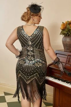 Zwarte Gouden Pailletten Plus Size 1920s Gatsby Jurk Met 20s Acessories Set -Jurken Korting Winkel YYZLHB230089 3