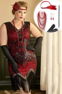 Rode Plus Size 1920s Gatsby Jurk Met 20s Acessories Set