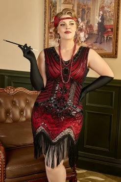 Rode Plus Size 1920s Gatsby Jurk Met 20s Acessories Set -Jurken Korting Winkel YYZLHB230090 2