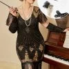 Zwarte Gouden Cap Mouwen 1920s Jurk Met 20s Accessoires Set
