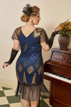 Royal Blue Plus Size 1920s Gatsby Jurk Met 20s Acessories Set -Jurken Korting Winkel YYZLHB230092 3