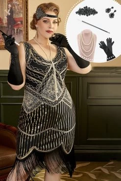 Zwarte Gouden Jaren 1920 Plus Size Jurk Met 20s Accessoires Set
