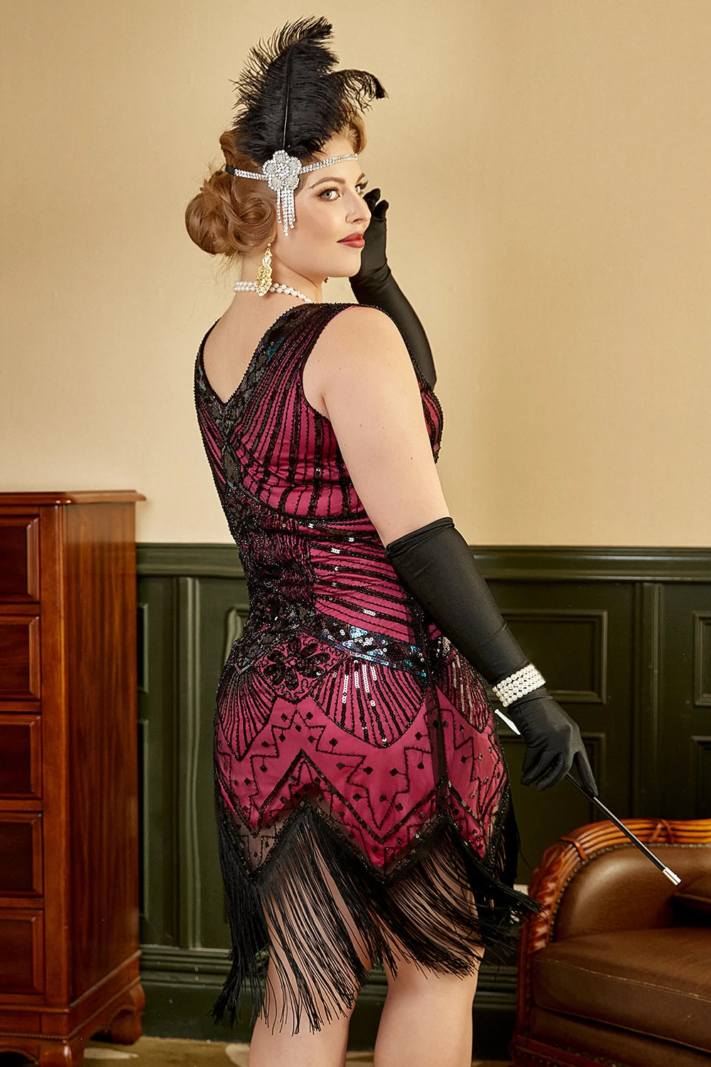 Fuchsia Pailletten 1920s Plus Size Jurk Met 20s Accessoires Set 5 Fuchsia Pailletten 1920s Plus Size Jurk Met 20s Accessoires Set - Afbeelding 3