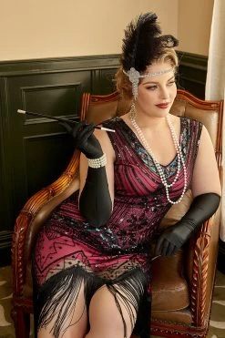 Fuchsia Pailletten 1920s Plus Size Jurk Met 20s Accessoires Set 12 Fuchsia Pailletten 1920s Plus Size Jurk Met 20s Accessoires Set -Jurken Korting Winkel YYZLHB230097 5
