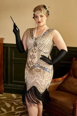 Abrikoos Pailletten 1920s Plus Size Jurk Met 20s Acessories Set -Jurken Korting Winkel YYZLHB230098 2