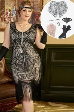 Zwarte En Abrikoos Pailletten 1920s Plus Size Jurk Met 20s Accessoires Set