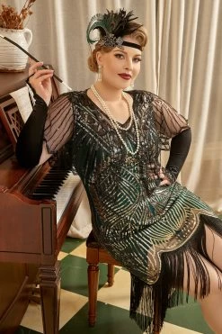 Gouden En Groene Jaren 1920 Plus Size Jurk Met 20s Accessoires Set -Jurken Korting Winkel YYZLHB230102 2